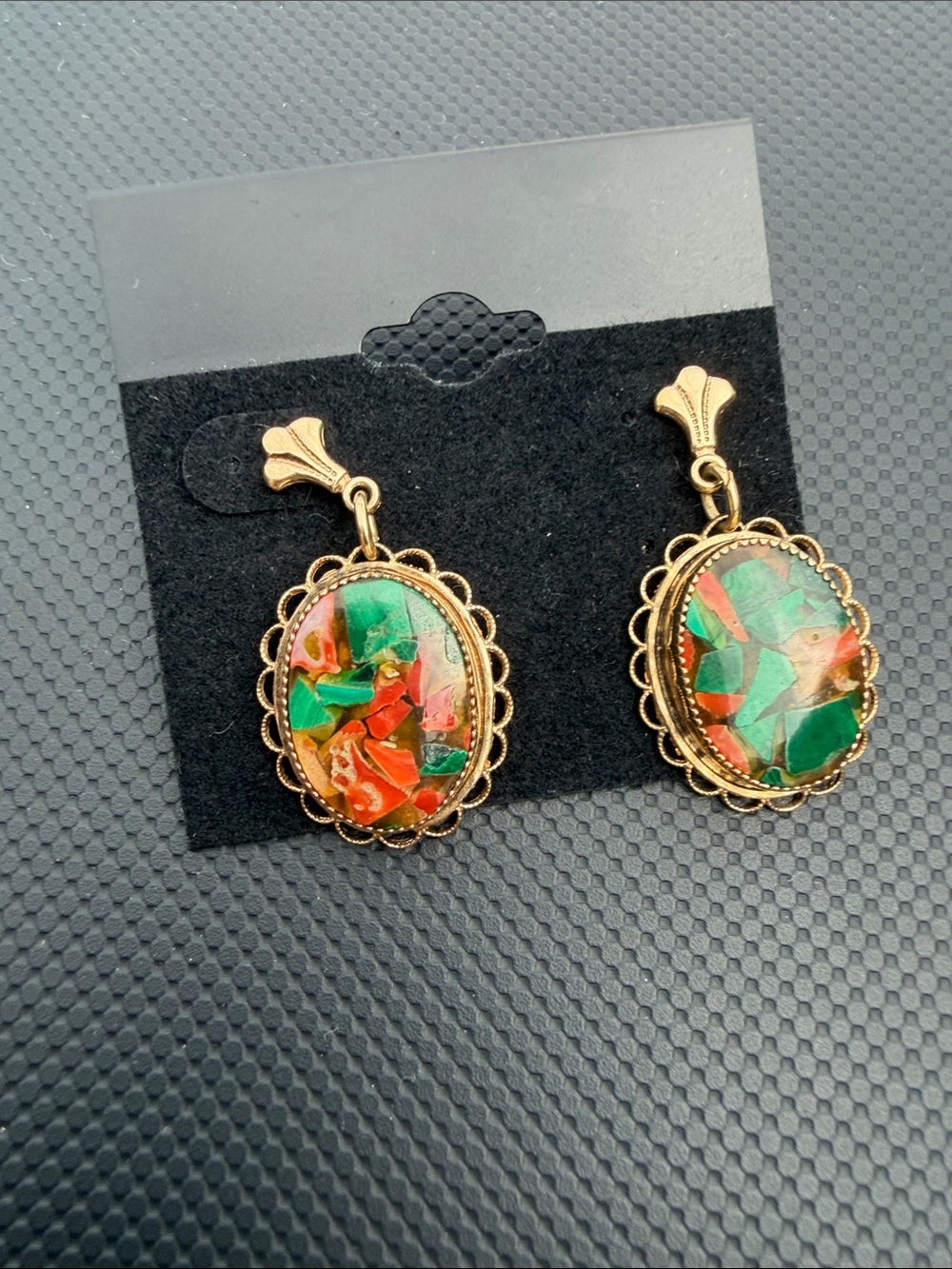 Gold-Tone Oval Mosaic Drop Earrings in Green & Orange